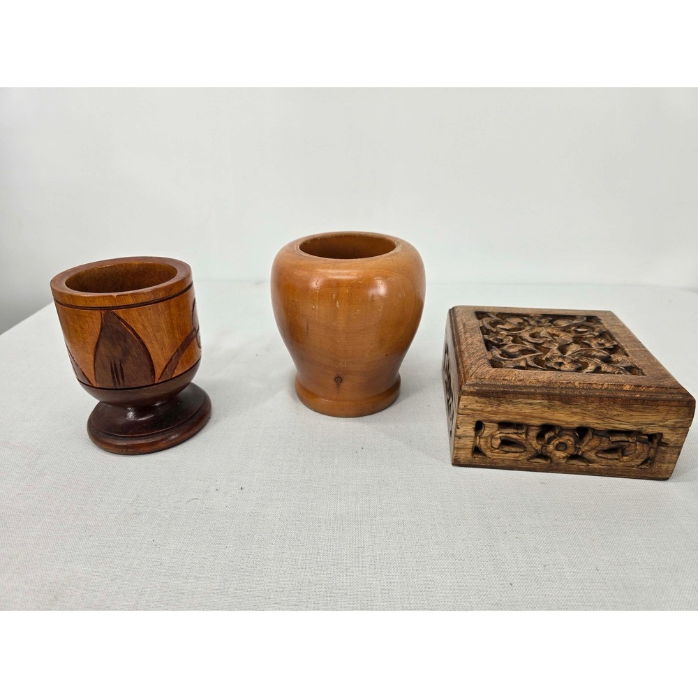 Vintage Hand Carved Wood Set Trinket Box Pedestal Cup and Vessel Brown 3pc